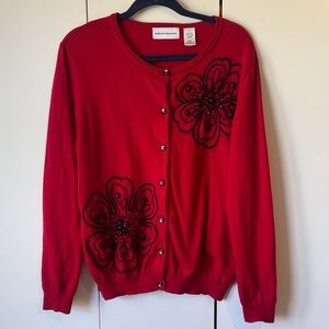 Alfred Dunner Red Cardigan with Black Floral Design